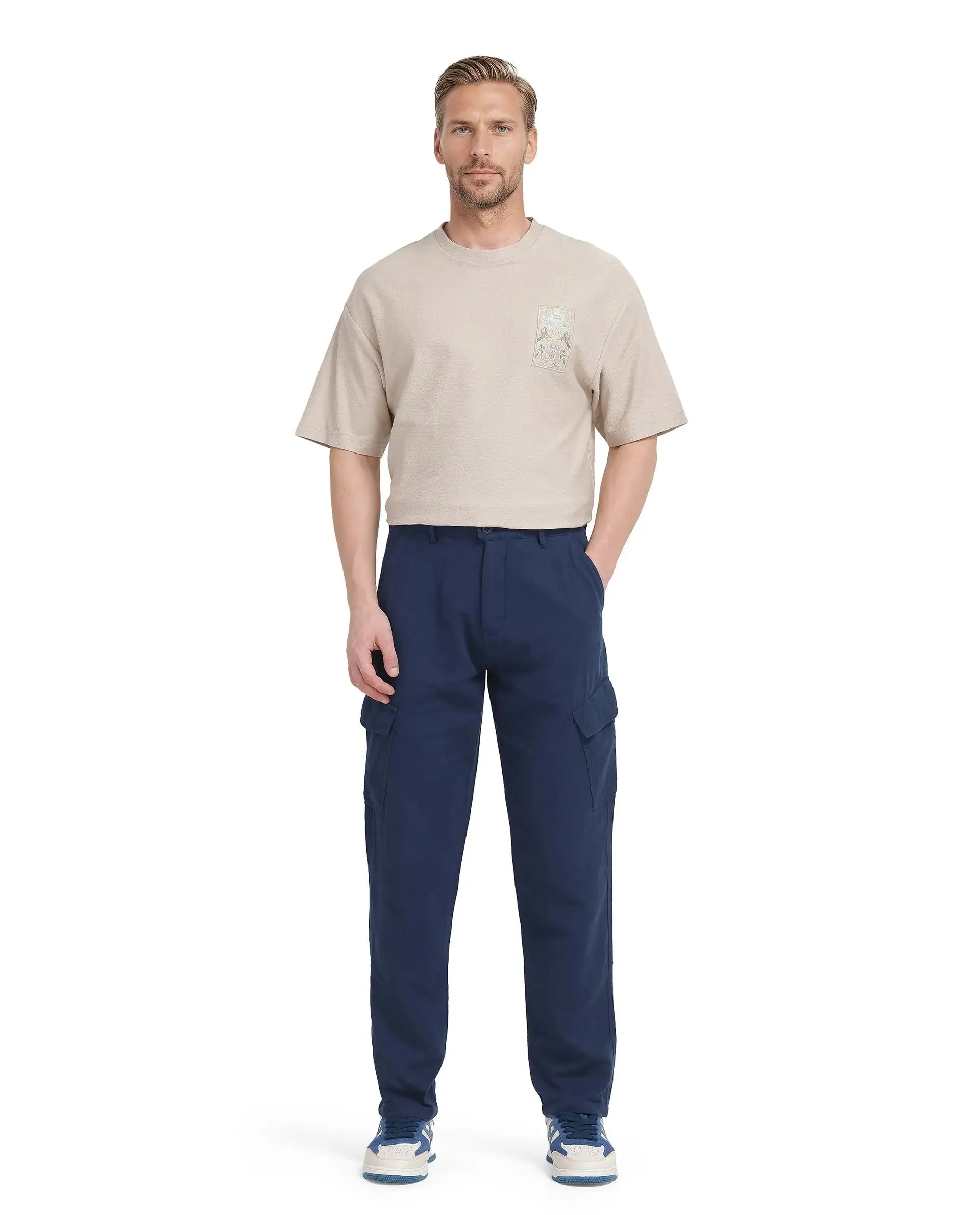 Rare Rabbit Men Presso-25 Dusky Blue Cotton Elastane Fabric Button And Zip Closure Relaxed Fit Plain Trouser