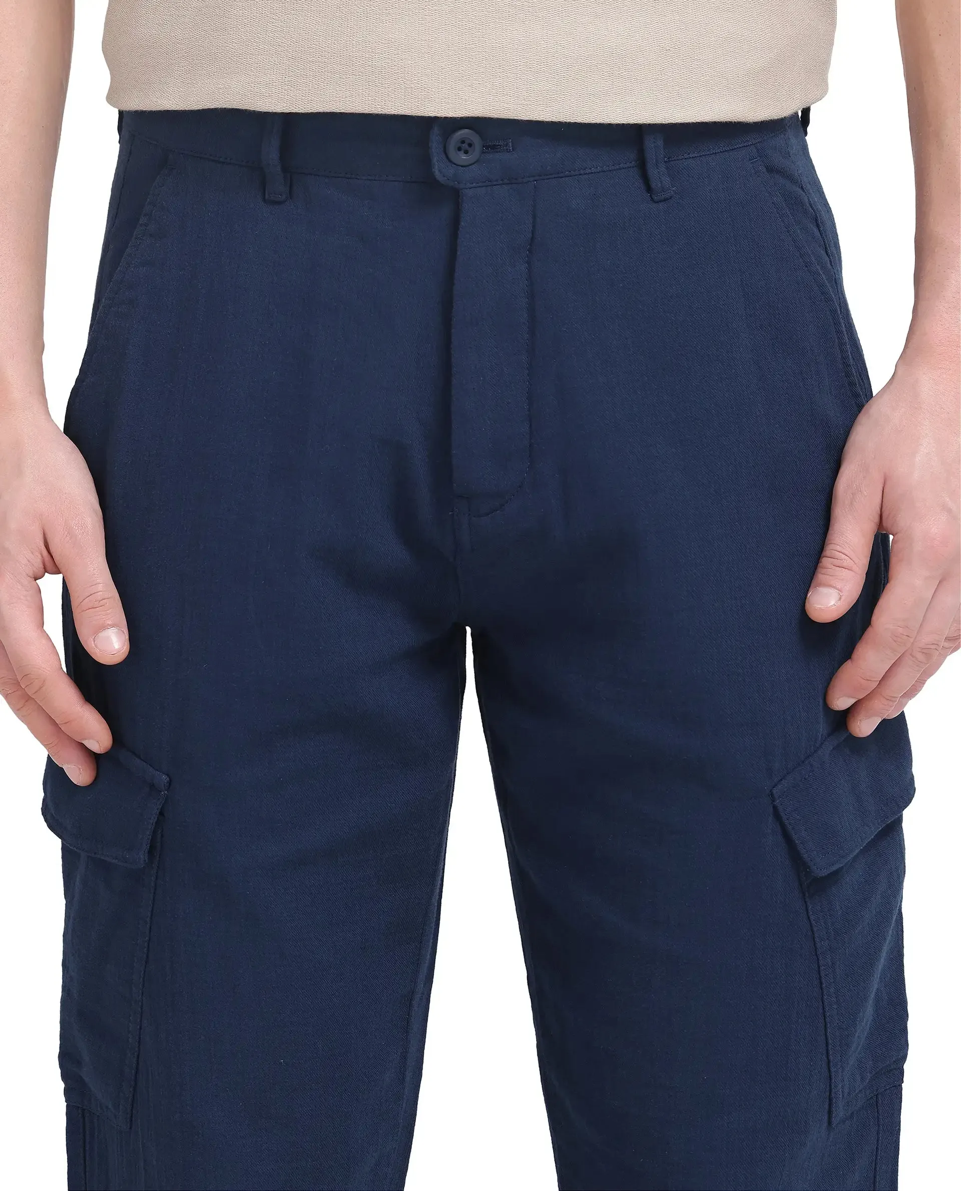 Rare Rabbit Men Presso-25 Dusky Blue Cotton Elastane Fabric Button And Zip Closure Relaxed Fit Plain Trouser