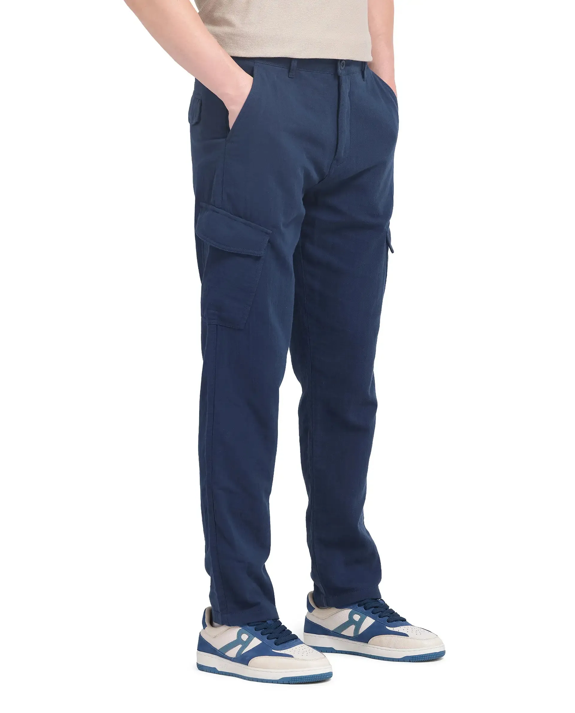 Rare Rabbit Men Presso-25 Dusky Blue Cotton Elastane Fabric Button And Zip Closure Relaxed Fit Plain Trouser