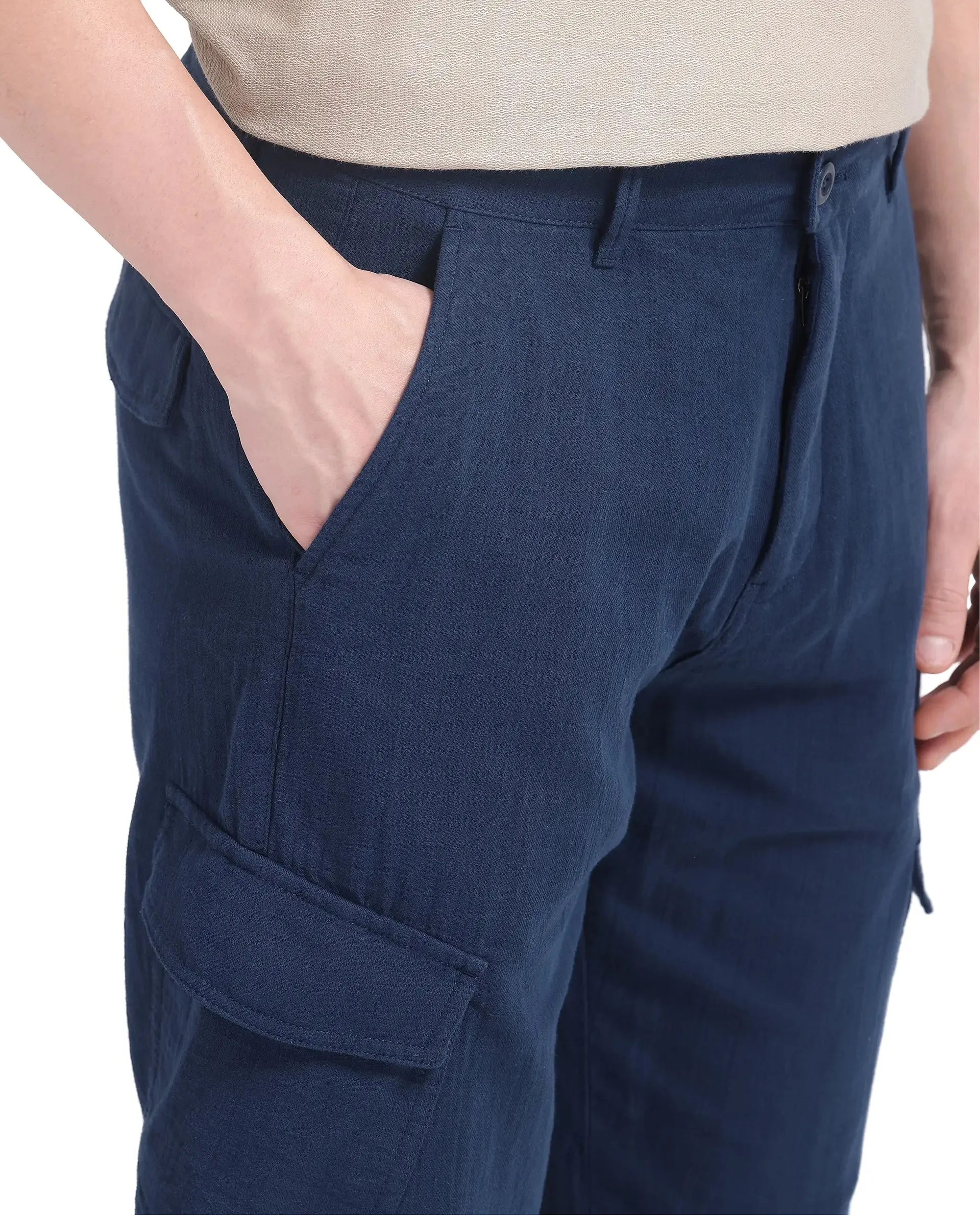 Rare Rabbit Men Presso-25 Dusky Blue Cotton Elastane Fabric Button And Zip Closure Relaxed Fit Plain Trouser