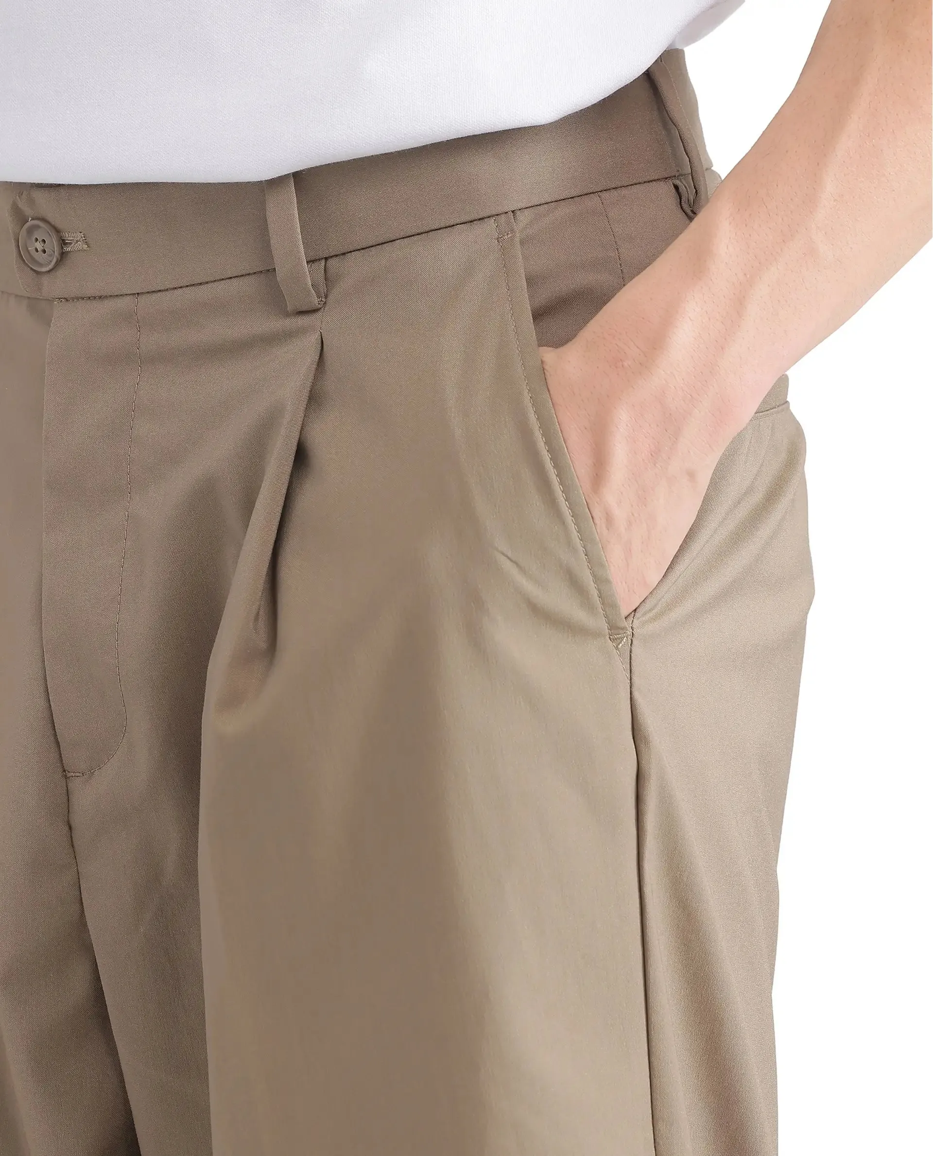 Rare Rabbit Men's Brelint Khaki Cotton Blend Fabric Plain Trouser