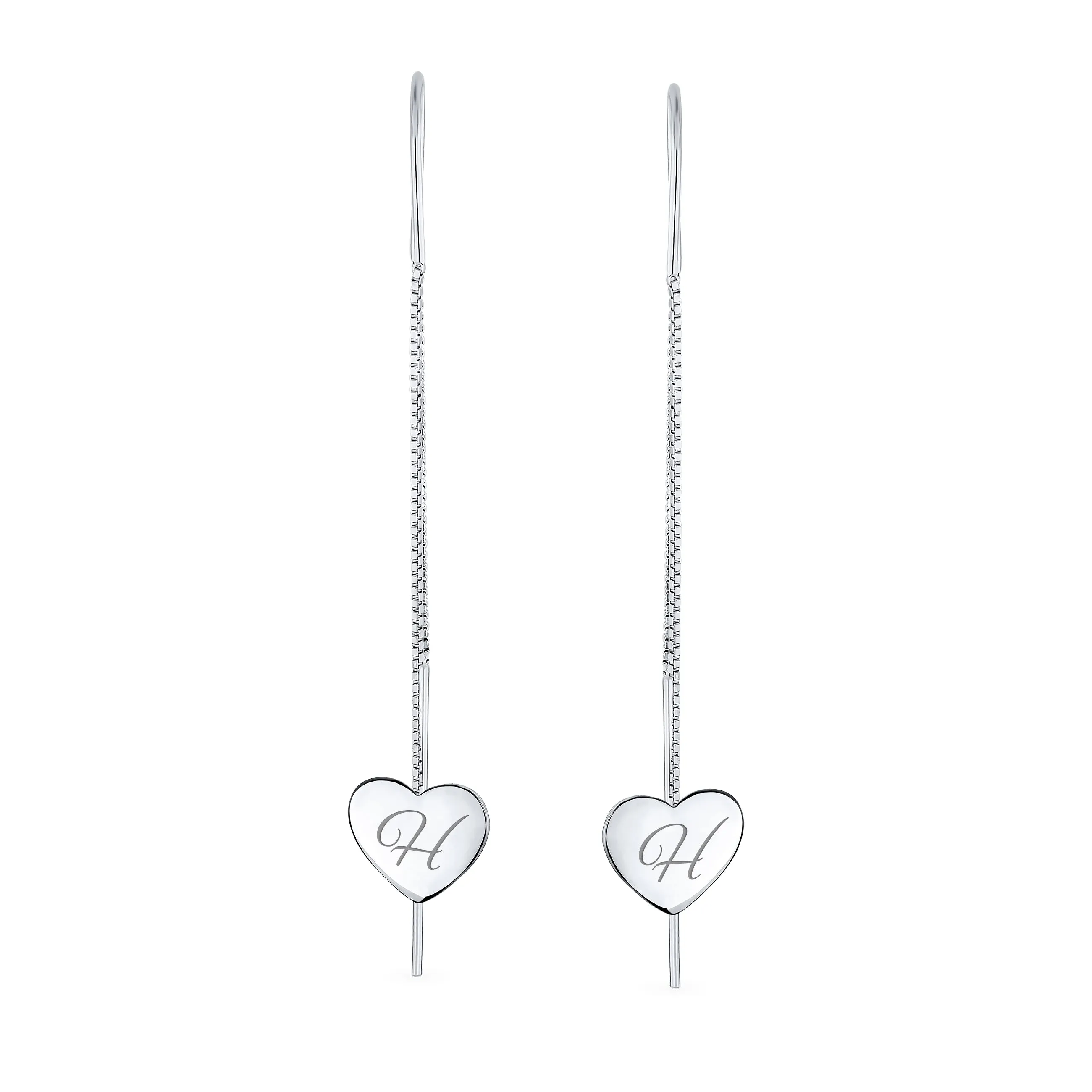 Script Initial Alphabet A-Z Lightweight Heart Chain Dangle Earrings Sterling Silver