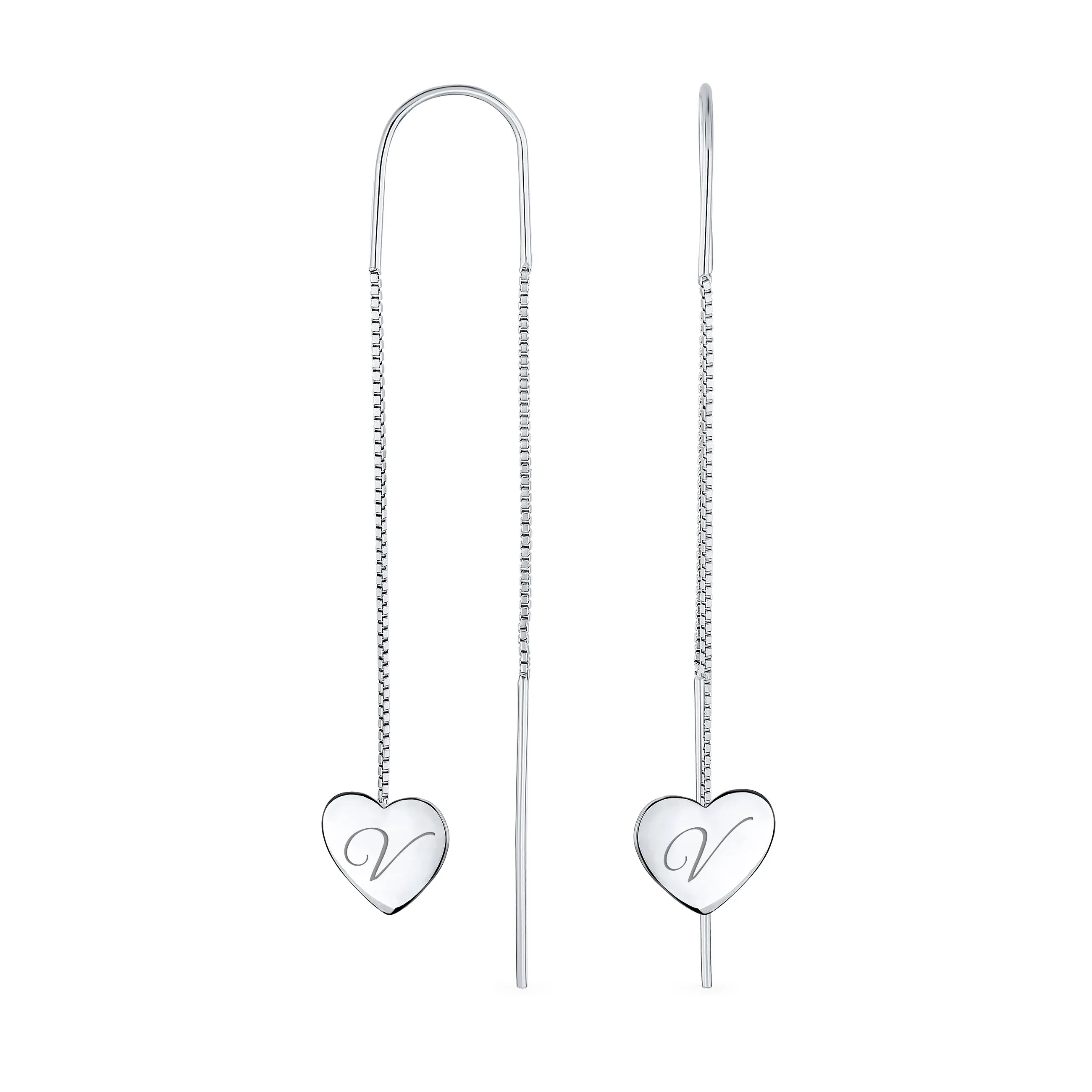 Script Initial Alphabet A-Z Lightweight Heart Chain Dangle Earrings Sterling Silver