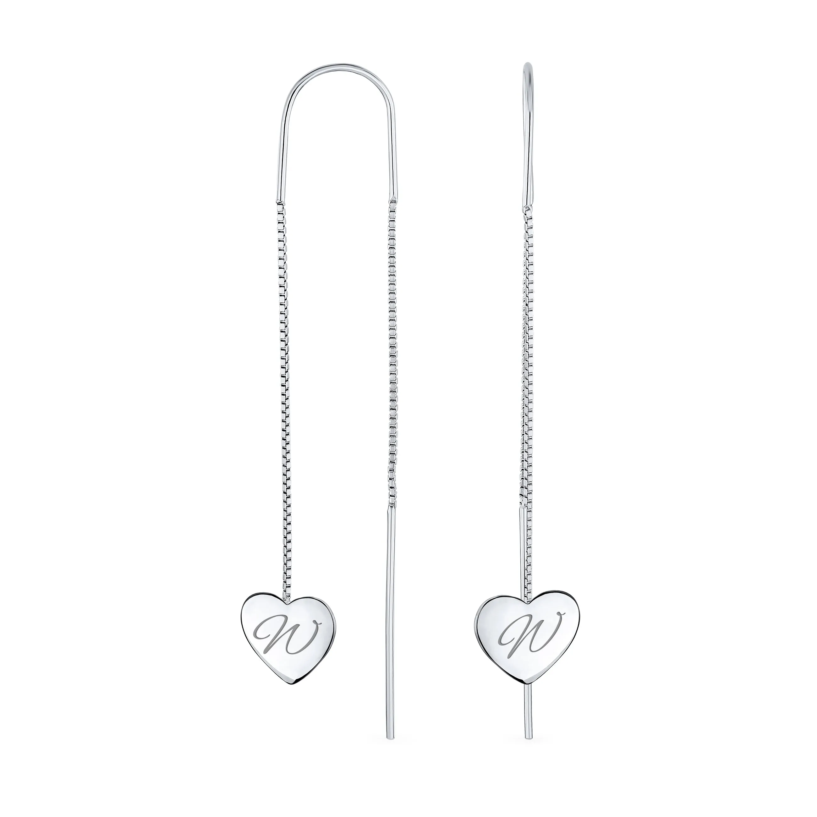 Script Initial Alphabet A-Z Lightweight Heart Chain Dangle Earrings Sterling Silver