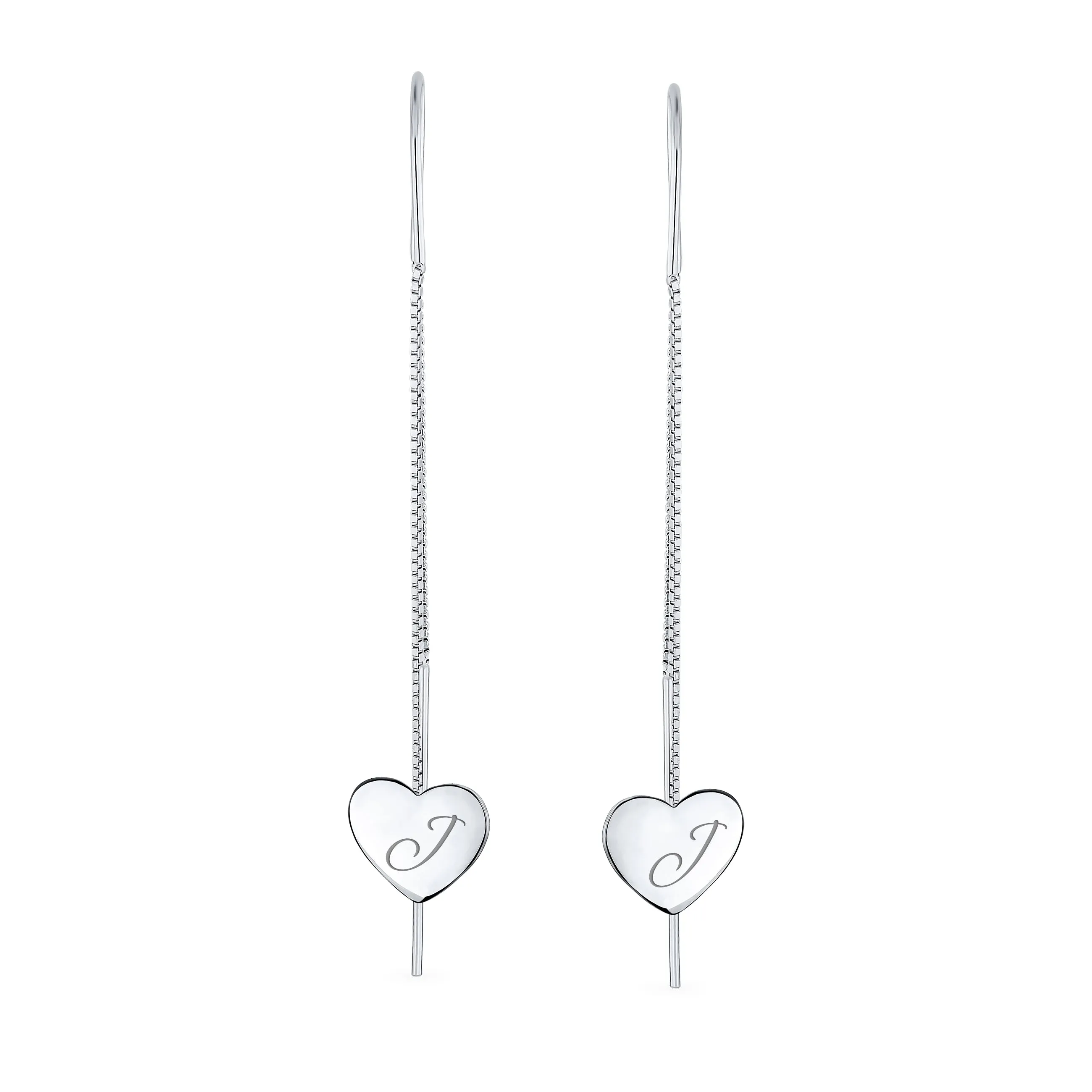 Script Initial Alphabet A-Z Lightweight Heart Chain Dangle Earrings Sterling Silver