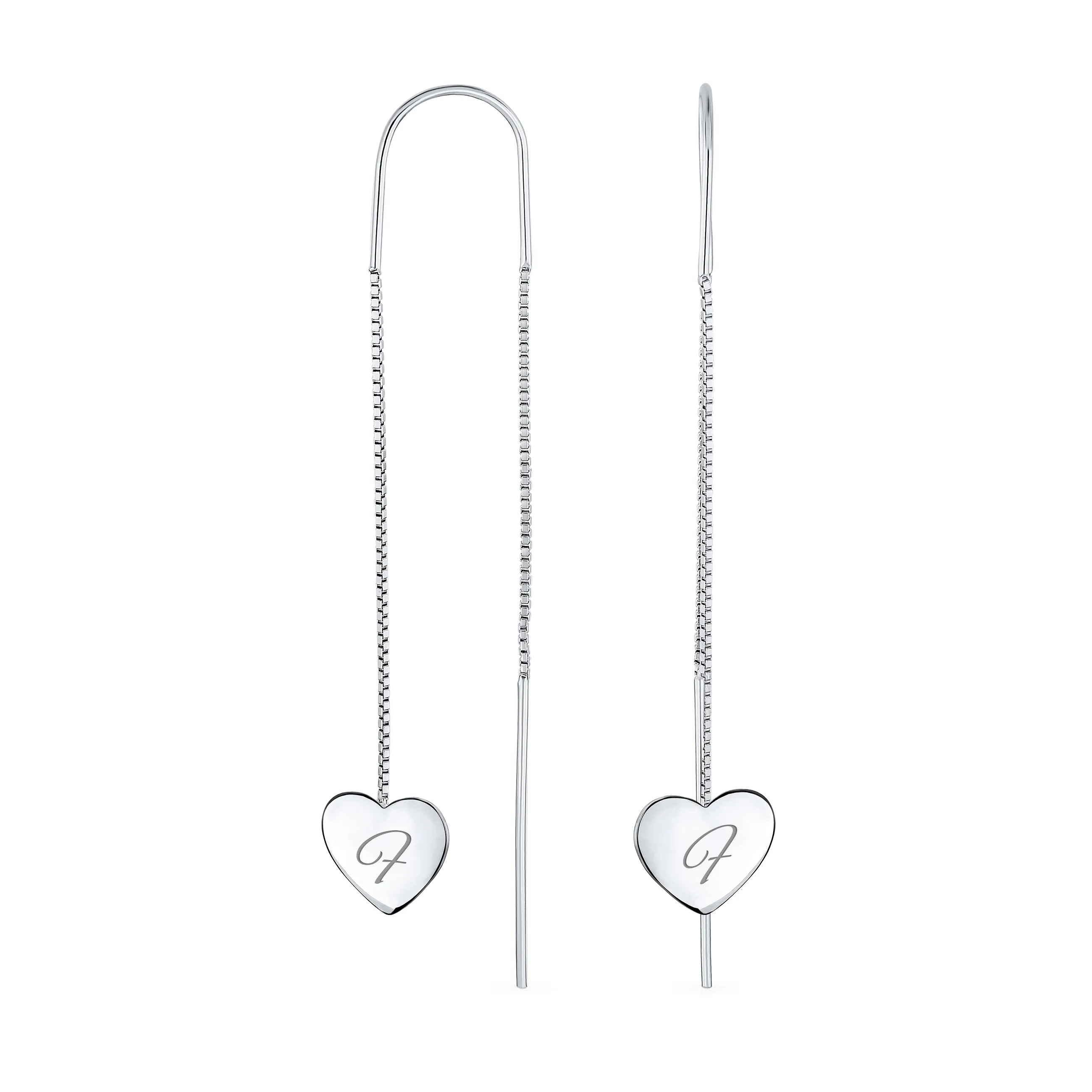 Script Initial Alphabet A-Z Lightweight Heart Chain Dangle Earrings Sterling Silver