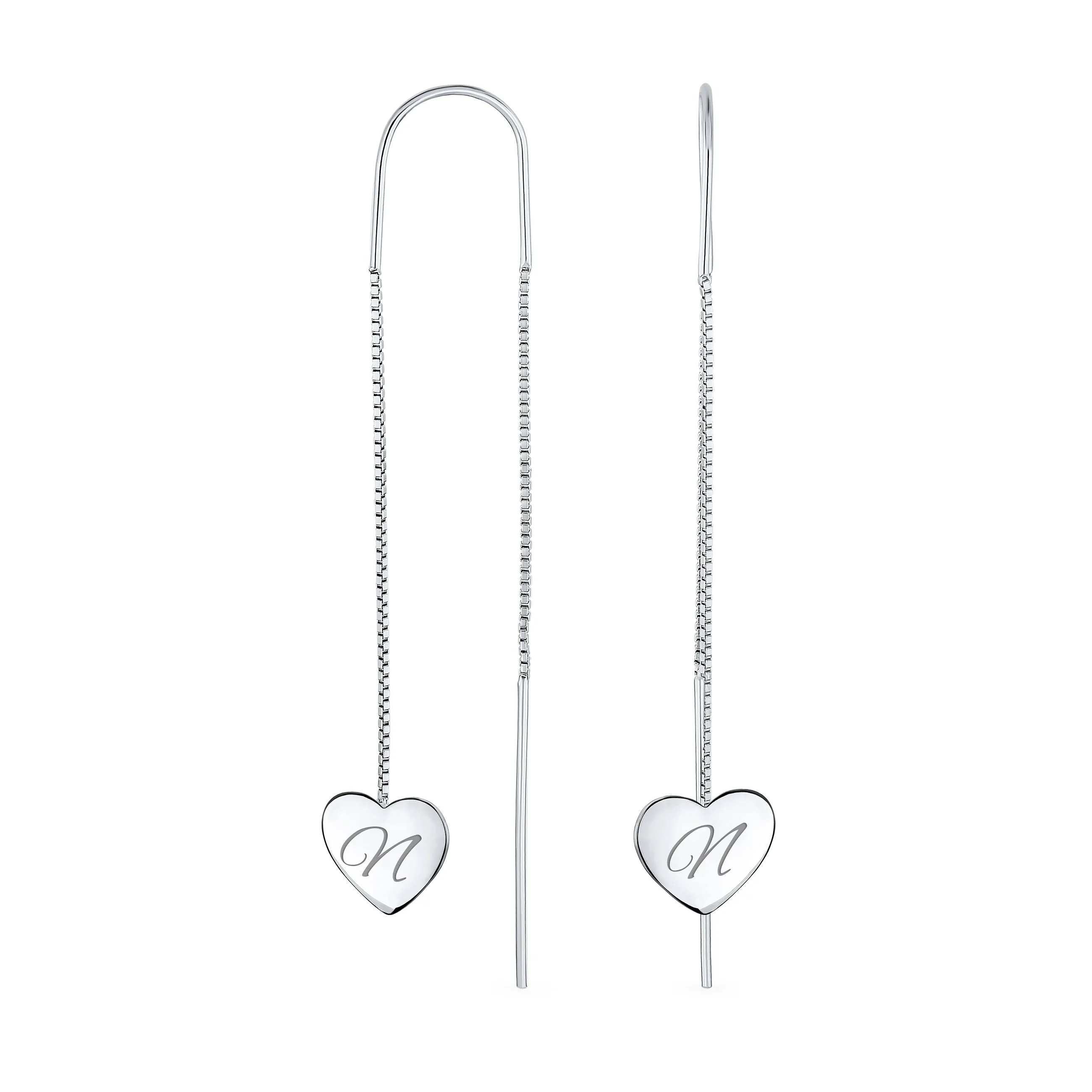 Script Initial Alphabet A-Z Lightweight Heart Chain Dangle Earrings Sterling Silver