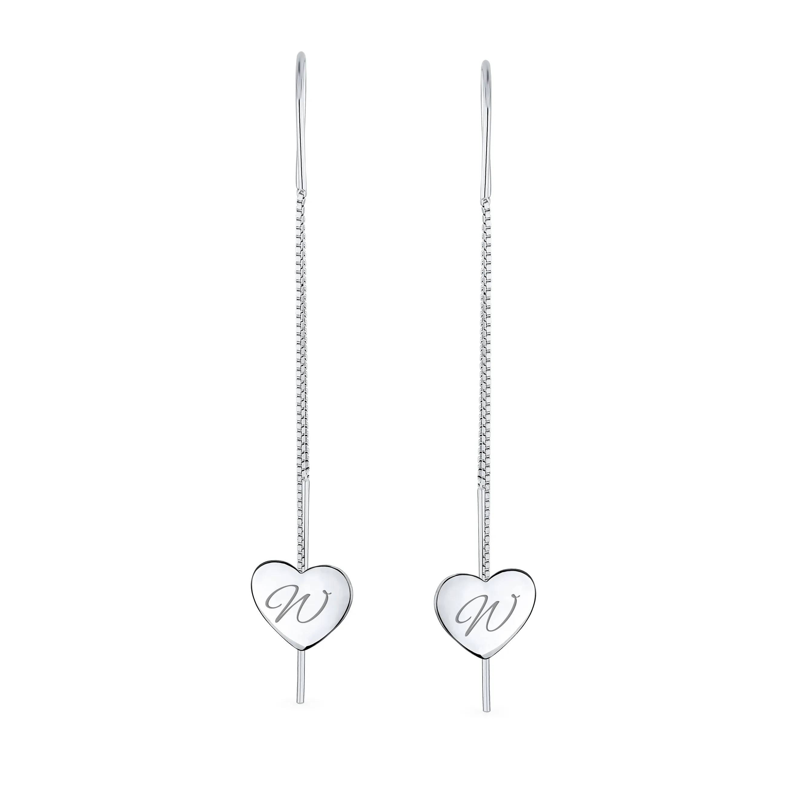 Script Initial Alphabet A-Z Lightweight Heart Chain Dangle Earrings Sterling Silver