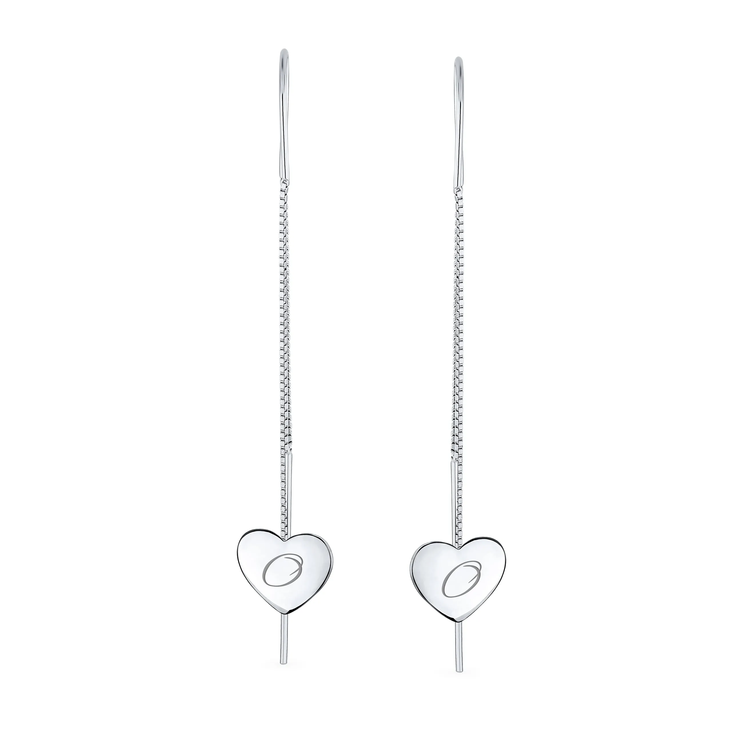 Script Initial Alphabet A-Z Lightweight Heart Chain Dangle Earrings Sterling Silver