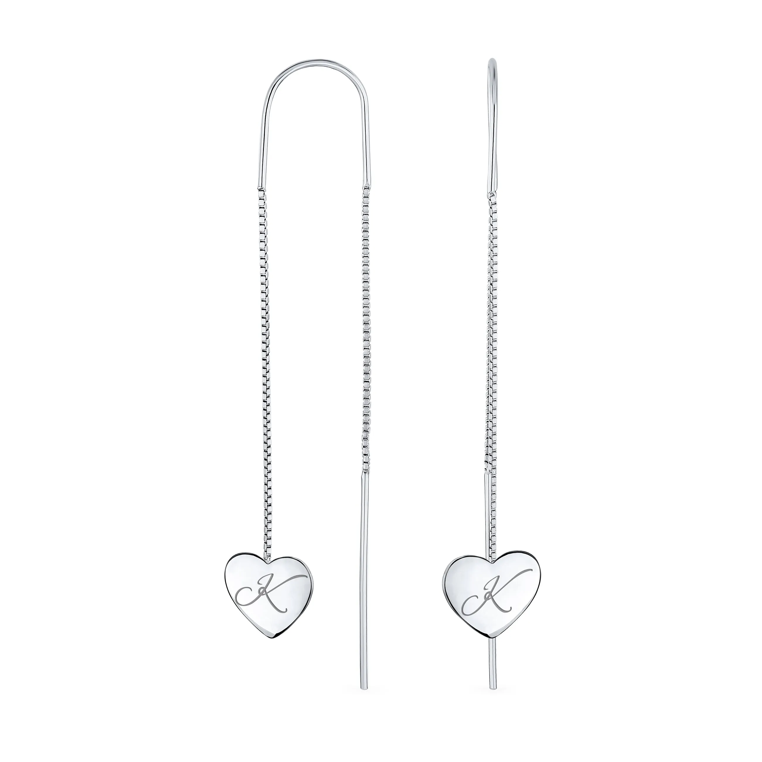 Script Initial Alphabet A-Z Lightweight Heart Chain Dangle Earrings Sterling Silver