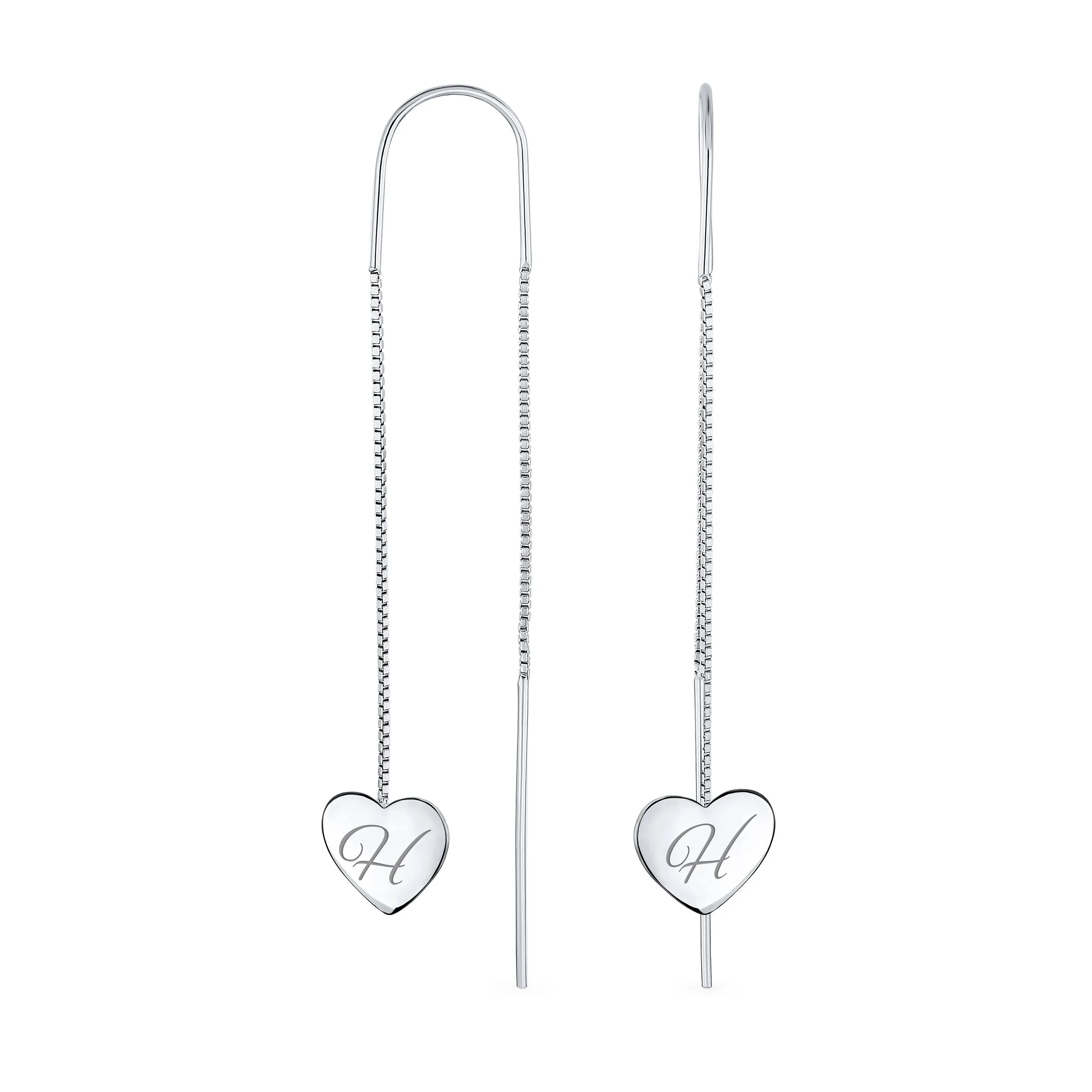 Script Initial Alphabet A-Z Lightweight Heart Chain Dangle Earrings Sterling Silver