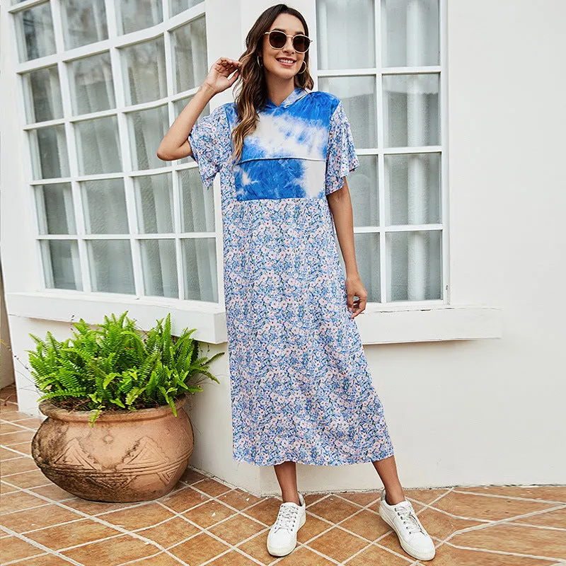 Tie Dye Short Sleeve Wholesale Floral Dresses Casual Loose Hooded Dresses Summer