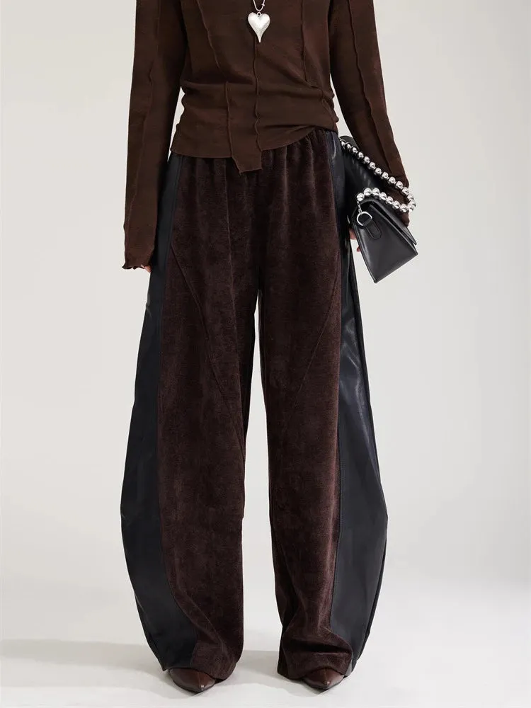 Vegan Leather Patchwork Relaxed Trousers - Coffee Brown & Black