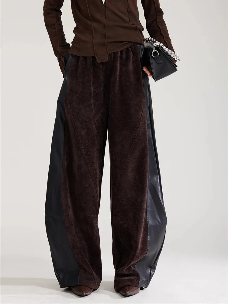 Vegan Leather Patchwork Relaxed Trousers - Coffee Brown & Black