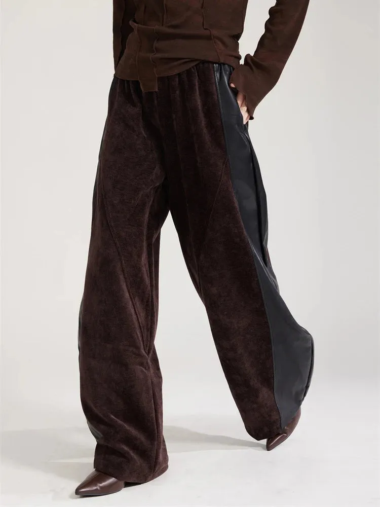 Vegan Leather Patchwork Relaxed Trousers - Coffee Brown & Black