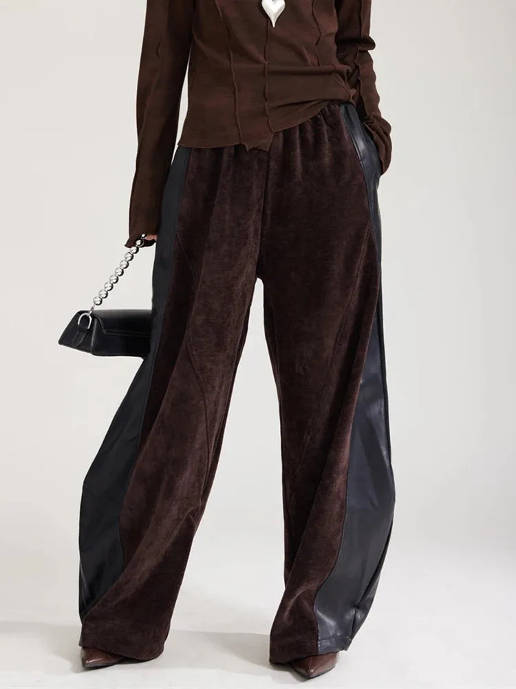 Vegan Leather Patchwork Relaxed Trousers - Coffee Brown & Black