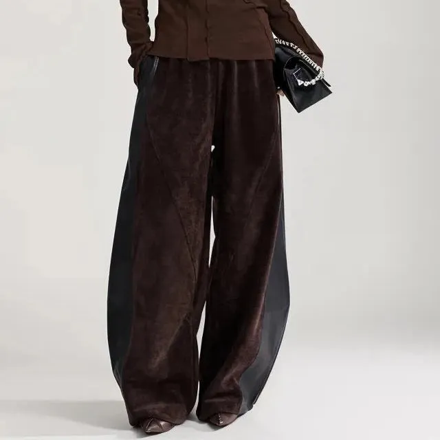 Vegan Leather Patchwork Relaxed Trousers - Coffee Brown & Black