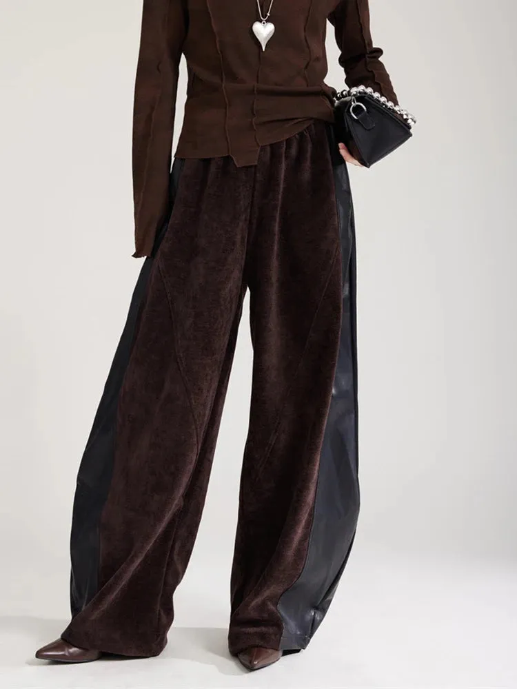 Vegan Leather Patchwork Relaxed Trousers - Coffee Brown & Black