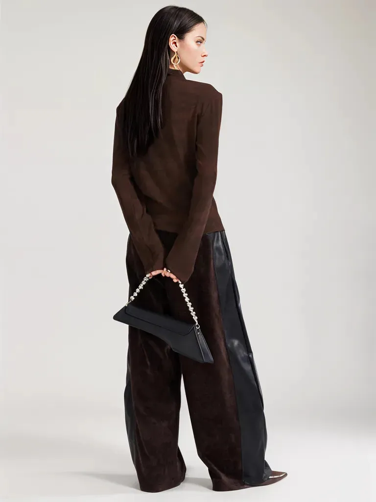 Vegan Leather Patchwork Relaxed Trousers - Coffee Brown & Black