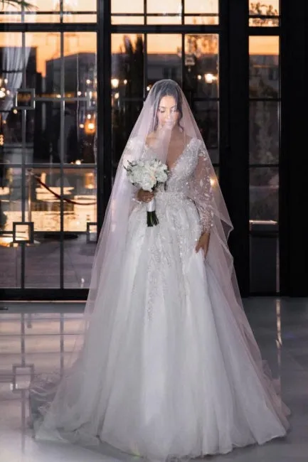 Vintage Long A-line V-neck Lace Wedding Dress with Long Sleeves