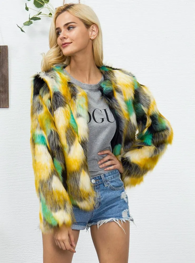 Women Colorful Gradient Long Sleeve Faux Fur Jacket